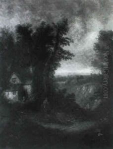 A Wooded Landscape With A Rustic On A Track Before A Cottage by John Joseph (of Bath) Barker