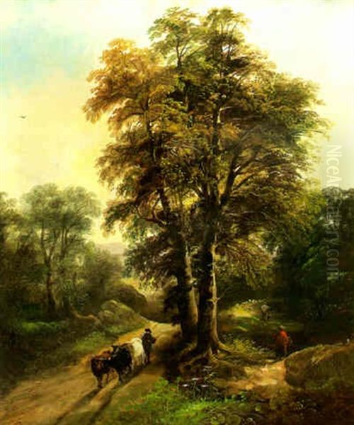 Country Lane With A Cowherd, Cattle And Figures Walking Beside - view 1