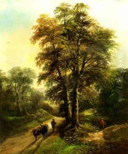 Country Lane With A Cowherd, Cattle And Figures Walking Beside