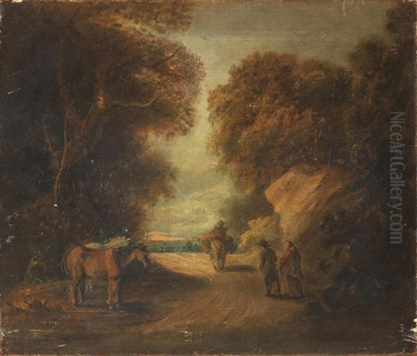 Travellers On A Country Path; And A Figure On Horseback Crossing A Stream With A Dog, A Pair - view 1