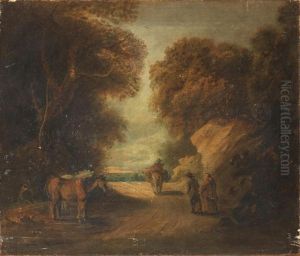 Travellers On A Country Path; And A Figure On Horseback Crossing A Stream With A Dog, A Pair by Thomas Barker