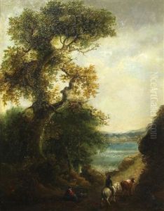 Figures And Horse Along A Lake Path