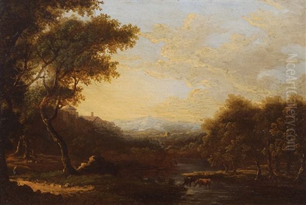 Italianate Mountain And River Landscape, With A Figure And Cows In The Foreground - view 1
