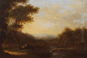 Italianate Mountain And River Landscape, With A Figure And Cows In The Foreground