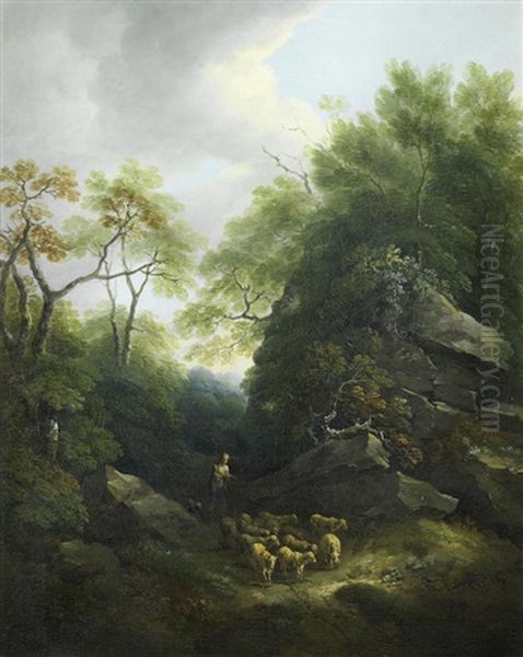 A Rocky Wooded Landscape With A Shepherd And His Flock On A Path - view 1