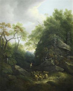 A Rocky Wooded Landscape With A Shepherd And His Flock On A Path