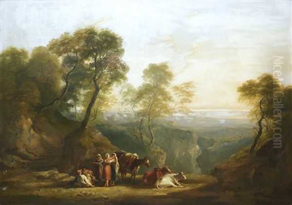 An Extensive Landscape With Figures Resting With Cattle - view 1