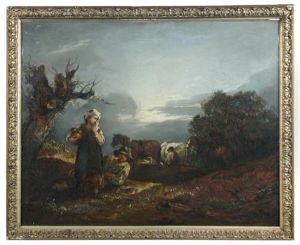 Peasant Children By A Heavy Horse Team In The Fields; And Peasant Children On Donkeys In A Landscape (a Pair)