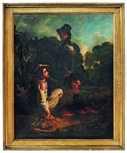 Three Children Resting By A Tree Trunk In A Wooded Landscape by Thomas Barker