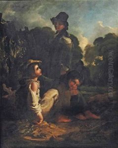 Three Children Resting By A Tree Trunk In A Wooded Landscape by Thomas Barker
