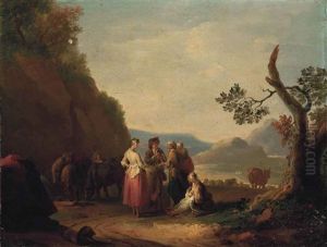 A Fortune Teller On A Path In A Mountainous Wooded Landscape, Sheep Beyond