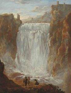 A View Of The Cascatelle At Tivoli, With Wayfarers Resting