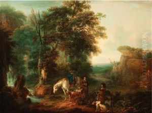 Figures With Dogs And Horse In A Wooded Landscape