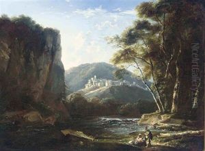 A Wooded River Landscape With Figures Resting On A Path, A City Beyond