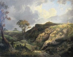 An Extensice Landscape With A Traveller On A Track, A Windmill Beyond