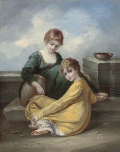 Two Children Seated Beside A Wall