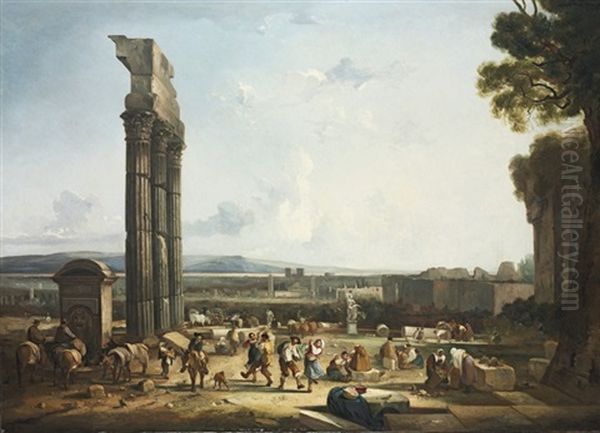 An Extensive Capriccio Landscape With Peasants - view 1