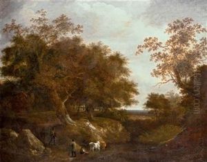 Travelers On A Path With Cattle Watering At A Pool In A Wooded Landscape