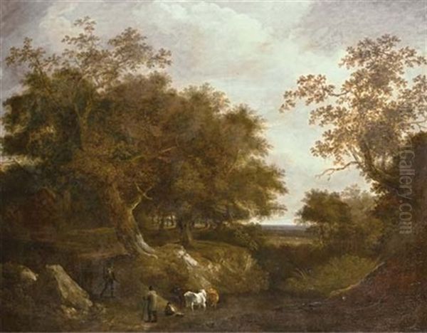 Travelers On A Path With Cattle Watering At A Pond In A Wooded Landscape - view 1