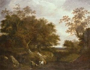 Travelers On A Path With Cattle Watering At A Pond In A Wooded Landscape
