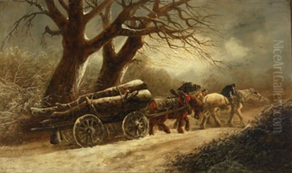 Rustics Driving A Timber Wagon Through Snow - view 1