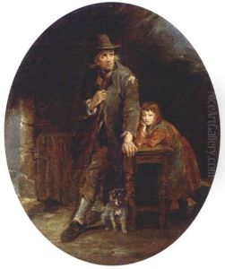 A Man And His Daughter, With A Dog, In A Rustic Interior