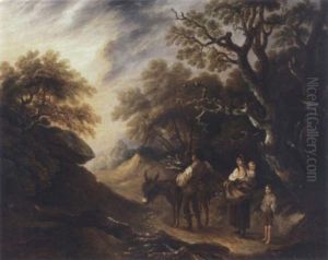 A Wood Gatherer And His Family Loading A Donkey In An Extensive Landscape by Thomas Barker