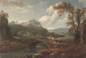 A Wooded River Landscape With A Traveller On Horseback Crossing A Bridge, A Hilltop Town Beyond