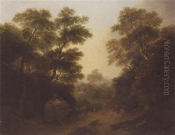 A Rocky Wooded Landscape With A Haycart On A Country Track - view 1