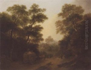 A Rocky Wooded Landscape With A Haycart On A Country Track by Thomas Barker
