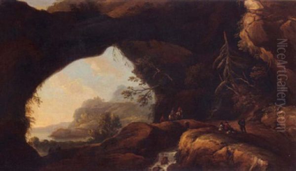 Travellers In A Rocky Landscape With A River And Mountains Beyond - view 1