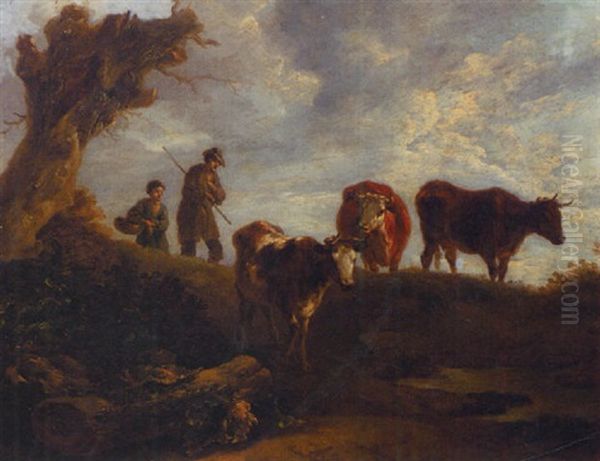 Cowherds Fording Cattle By A Pool Near A Pollard Willow - view 1