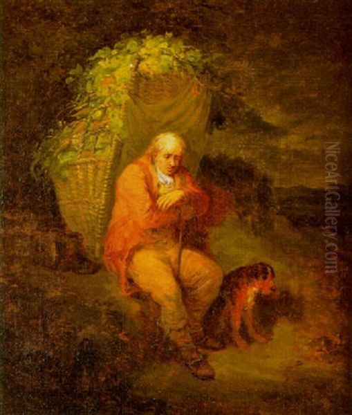 An Old Man Resting With A Basket Of Vegetables On His Back And A Dog By His Side - view 1