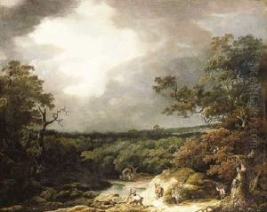 A Stormy Wooded Landscape With Faggot Gatherers By A River by Thomas Barker