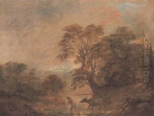Landscape With A Rustic Leading A Donkey Across A Stream At Dusk Landscape With A Rustic Leading A Donkey Across A Stream At Dusk