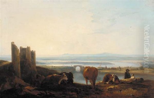 Figures And Cattle Resting Before A River Estuary At Sunset - view 1