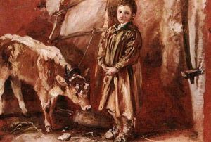 A Small Boy Wearing A Smock Standing By A Tethered Calf