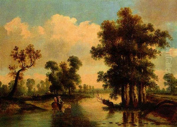 Travellers Crossing A River In A Wooded Landscape - view 1
