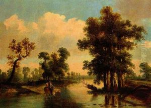 Travellers Crossing A River In A Wooded Landscape by Thomas Barker