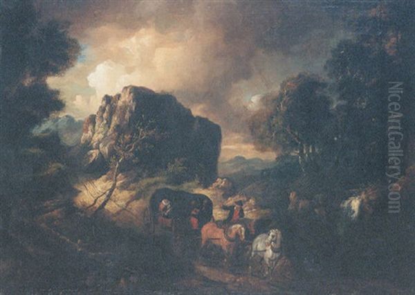 Travellers In A Horse Drawn Cart In A Storm In A Wooded Landscape - view 1