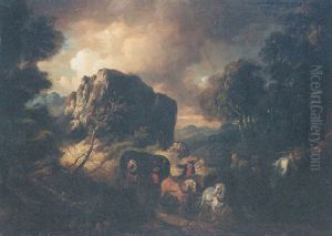 Travellers In A Horse Drawn Cart In A Storm In A Wooded Landscape by Thomas Barker