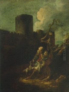 A Traveller And His Dog On A Path, A Castle Beyond by Thomas Barker