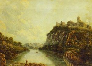A Mountainous Lake Landscape With An Angler In The Foreground, A Hilltop Fort Beyond