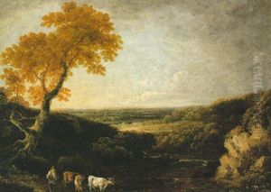 A Heath Landscape With A Herdsman And Cattle By A River In The Foreground by Thomas Barker