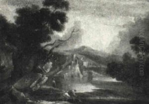 Figure On Horseback By A River With A Village Beyond Figure On Horseback By A River With A Village Beyond