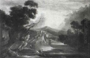 Figure On Horseback By A River... by Thomas Barker