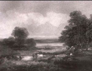 Weite Landschaft Mit Kuhen Und Fischer Am Fluss by Thomas Barker