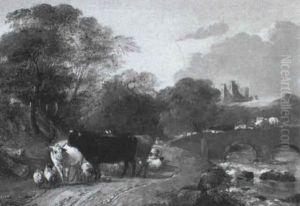 River Landscape With A Drover And His Cattle On A Bridge