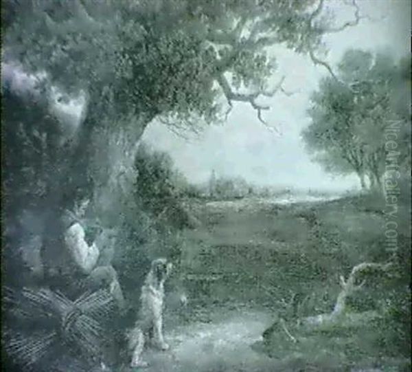 Basket Weaver And Dog In Landscape - view 1