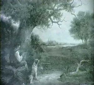 Basket Weaver And Dog In Landscape by Thomas Barker